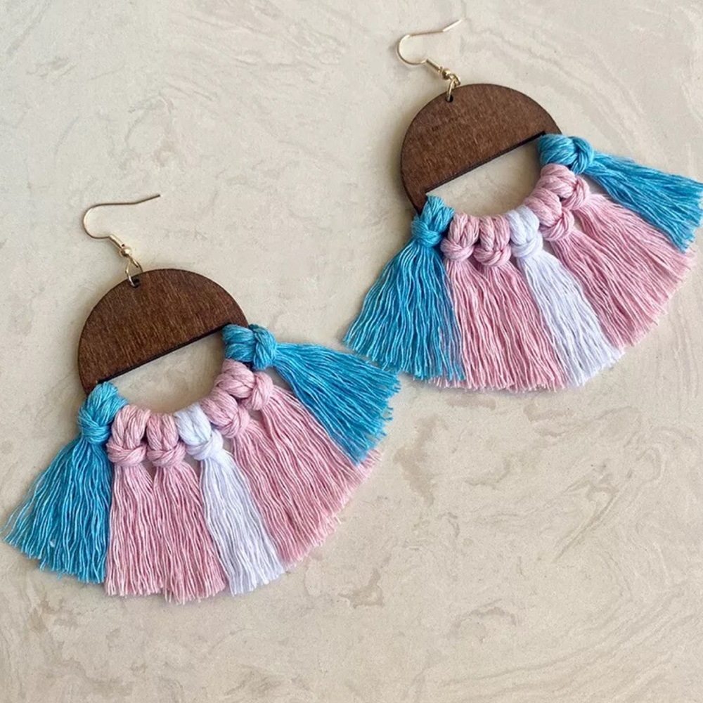 “Jubilee” Colorful  Fringe” Pink & Blue Boho Wooden Earrings